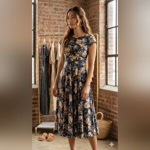 Chaps Navy and Beige Floral Fit-and-Flare Midi Dress